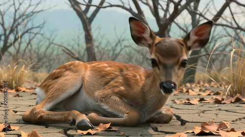 Frail 3D animated juvenile deer standing in a desiccated woodland clearing showing habitat loss, rendered for ecological crisis presentations