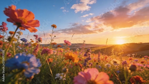 Vibrant Wildflower Meadow at Golden Hour with Sunset Sky and Rolling Hills