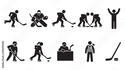 Hockey, ice hockey, sports icons, 11 silhouette graphics, EPS vector set