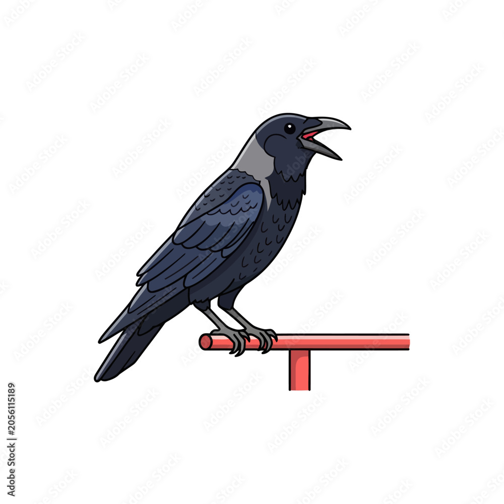 Fototapeta premium Cawing Black Crow Perched on Red Bar