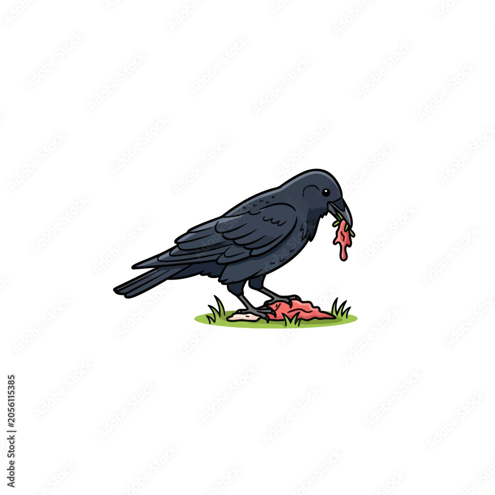 Obraz premium Cartoon Black Crow Scavenging Raw Meat