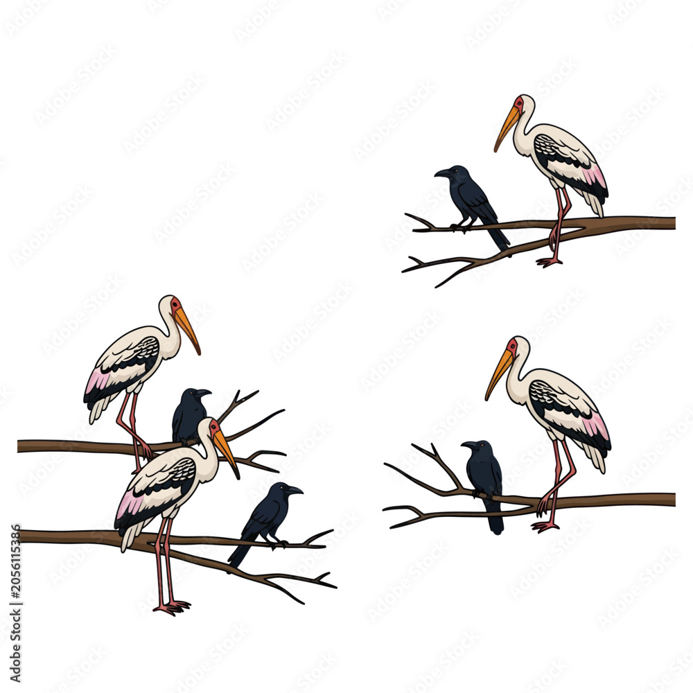 Obraz premium Storks and Crows Perched on Branches Illustration
