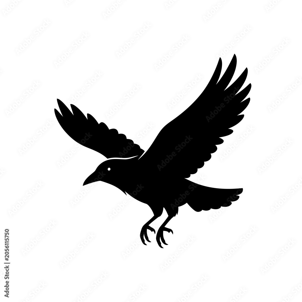 Obraz premium Black Crow Silhouette Flying on White Background