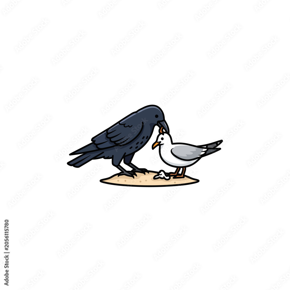 Obraz premium Cartoon Crow and Seagull Interacting on Sand