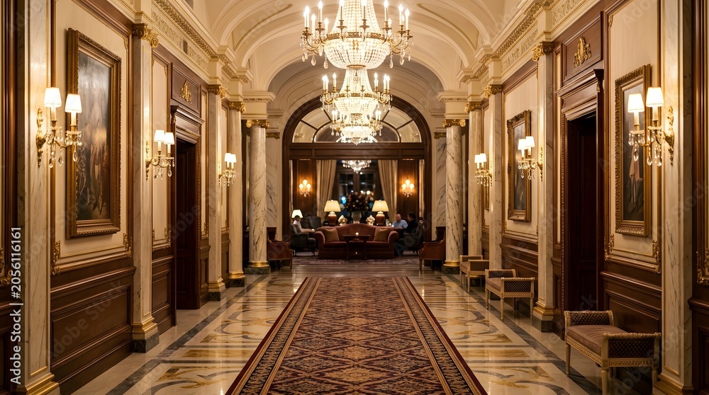 Obraz premium Luxurious Grand Hallway of an Elegant Hotel Interior
