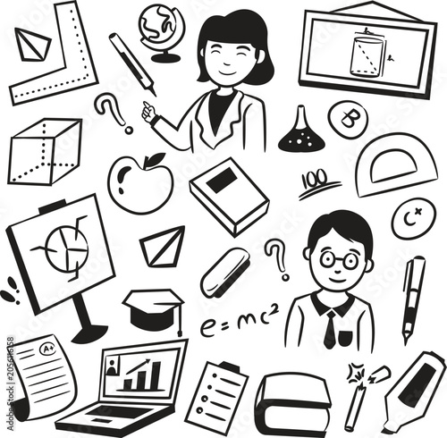 Slika na platnu Education Doodle Collection: A whimsical collection of hand-drawn icons representing various aspects of education, including a smiling teacher, eager student, math symbols, and school supplies