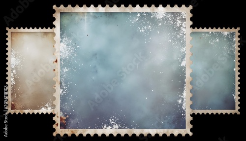 Vintage postage stamps with worn edges.