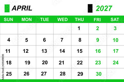 Canvastavla April 2027 calendar month grid with numbered days and weekdays in clean minimali