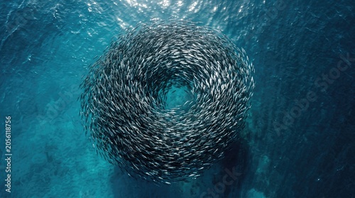 Sardine bait ball forming a circular vortex underwater, massive school of fish in deep blue ocean, marine life swimming in synchronized spiral formation