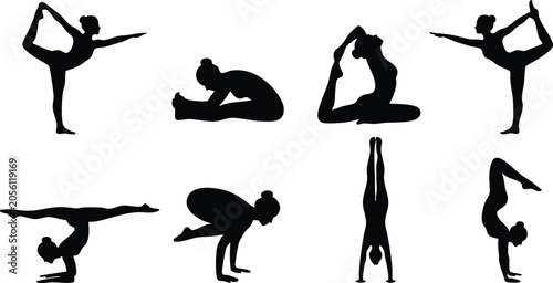 Yoga Silhouette Poses Collection – Advanced Balance, Flexibility and Meditation Yoga Asanas Set Black Silhouettes on White Background