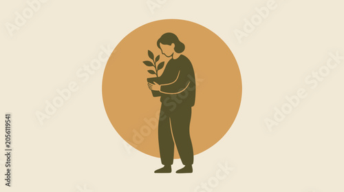 Foto A minimalist flat vector silhouette of a person tenderly holding a small potted plant