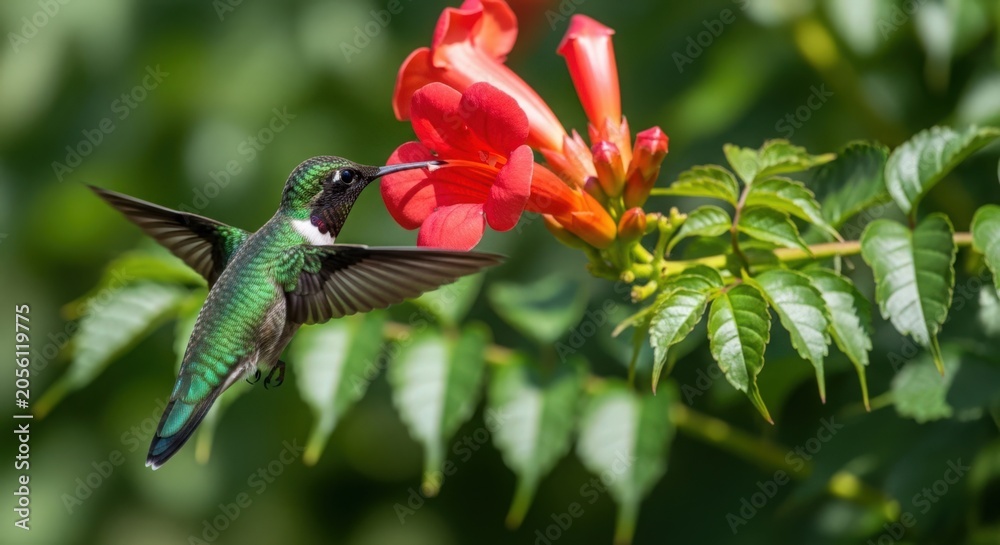 Obraz premium Hummingbird feeding on red flower with lush green leaves surrounding vibrant blooms. Hummingbird exhibits swift movements while sipping nectar from beautiful flowers.