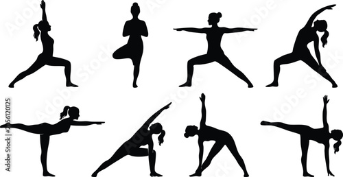 Yoga Silhouette Poses Collection – Advanced Balance, Flexibility and Meditation Yoga Asanas Set Black Silhouettes on White Background