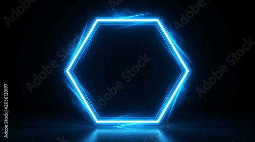 Glowing Neon Hexagon Frame with Luminous Edges on Dark Background
