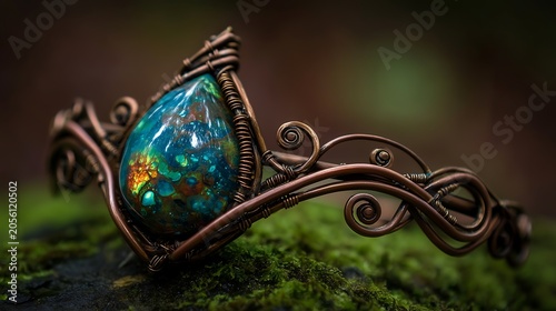 Handmade Copper Wire Wrapped Gemstone Bracelet with Iridescent Blue Green Cabochon