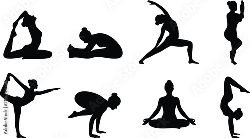 Yoga Silhouette Poses Collection – Advanced Balance, Flexibility and Meditation Yoga Asanas Set Black Silhouettes on White Background