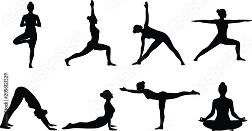 Yoga Silhouette Poses Collection – Advanced Balance, Flexibility and Meditation Yoga Asanas Set Black Silhouettes on White Background