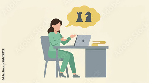 Cuadro en lienzo Woman at Laptop Engaged in Strategic Thinking, Visualized with Chess Pieces