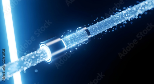Closeup of fiber optic cable transmitting glowing data particles through a metallic connector