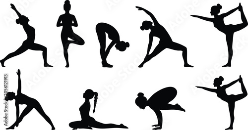 Yoga Silhouette Poses Collection – Advanced Balance, Flexibility and Meditation Yoga Asanas Set Black Silhouettes on White Background