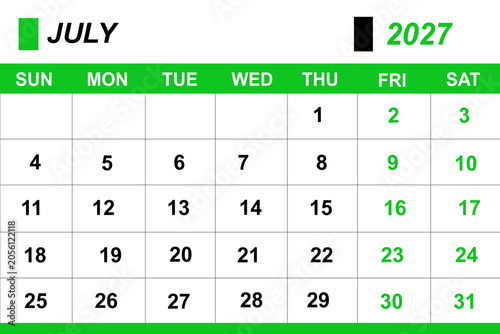 Tableau sur toile July 2027 Calendar Grid with Summer Month Dates and Weekdays Layout