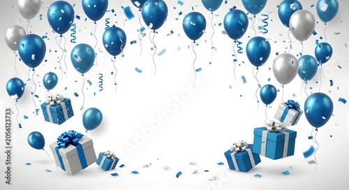Blue and Silver Balloons with Gift Boxes and Confetti Celebration Background