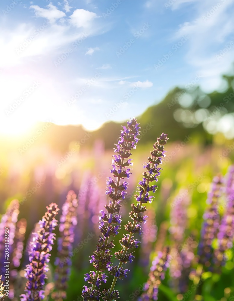 Fototapeta premium Sunlit Lavender Field at Dawn