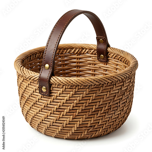 Isolated empty traditional woven wicker basket with sturdy brown leather handle for storage 
