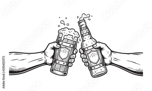 Cheers with beer bottle and mug