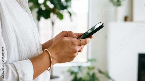 woman, hands holding smartphone, white shirt, gold bracelet, indoor scene