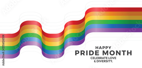 Happy pride month Text and long rainbow pride flag waving and line waving texture vector design