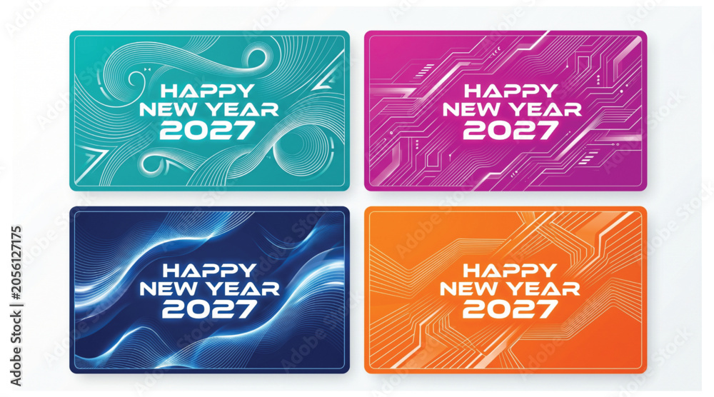 Naklejka premium Happy new year 2027 futuristic technology patterns and abstract waves set with futuristic technology abstract background celebration greeting template creative illustration