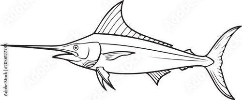 Black White Sailfish Marlin Line Art Ocean Fishing Illustration