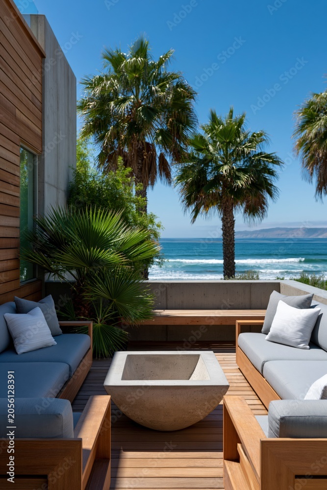 Fototapeta premium Minimal seaside deck with wooden sofas and central stone fire pit overlooking palm trees and ocean for patio background and outdoor seating design