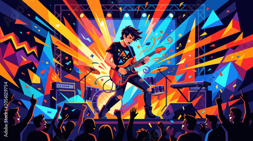 Foto A musician performs energetically on a vibrant, abstract stage with an excited a