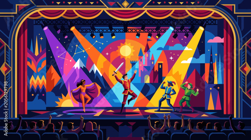 Quadro su tela Performers on a brightly lit stage with a colorful, abstract backdrop and an aud
