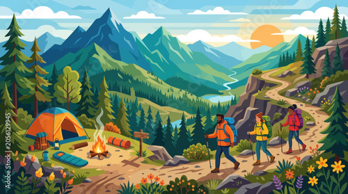 Photos Hikers traverse a scenic mountain trail with a campsite in the foreground