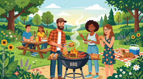 Cuadro en lienzo A group of friends enjoys a sunny outdoor barbecue picnic in a park