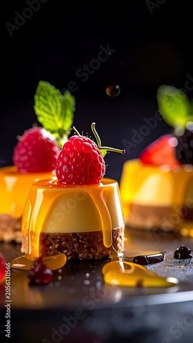 A close-up of cheesecake desserts with fruit