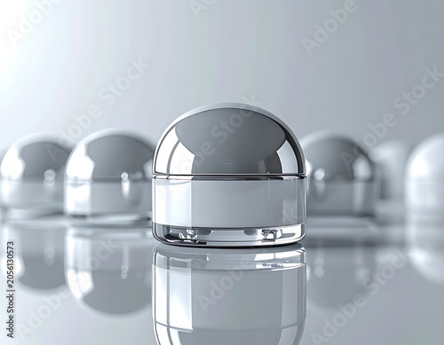 A close-up of a row of reflective metallic spheres