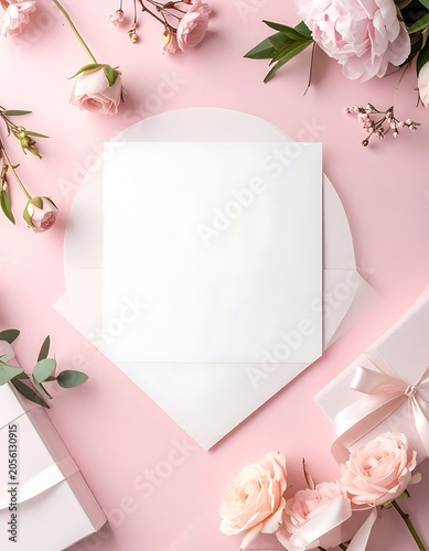 A flat lay of white stationery and pink flowers on a pink background