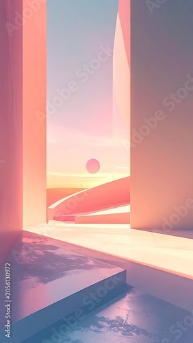 A futuristic scene with pillars and a sunset
