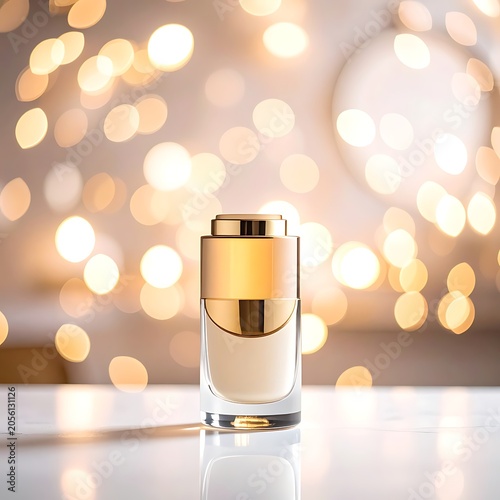 A luxurious cream jar on a reflective surface with bokeh lights