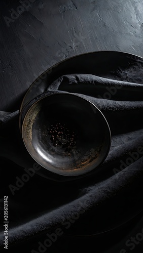 A metal bowl on a black cloth with a dark background