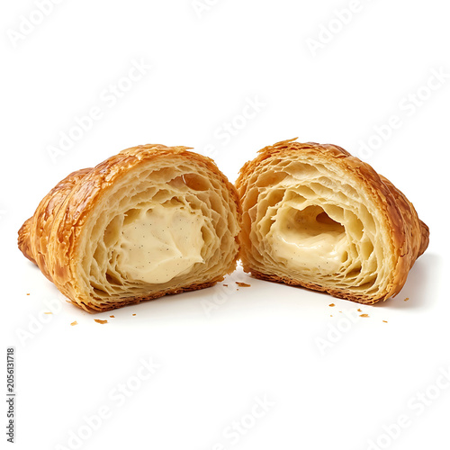 Golden flaky croissant pastry filled with creamy vanilla custard isolated on transparent background 
