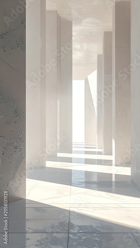 A serene, futuristic corridor with marble-like walls and floor