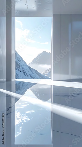 A serene interior space with a stunning view of snow-capped mountains