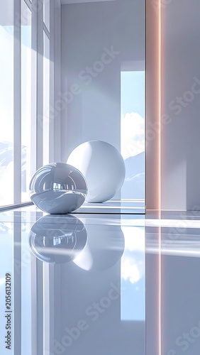 A serene room with white spheres on a reflective floor
