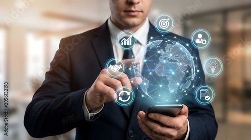 Businessman interacting with digital global network and business icons