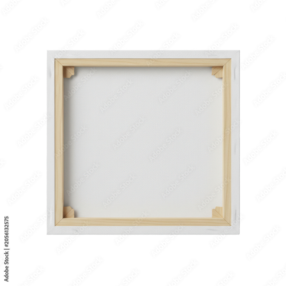 Fototapeta premium Blank rectangular artist's canvas panel, fine-grain woven texture, transparent gesso priming, sturdy wooden frame edge, clean neutral studio background, creative potential atmosphere